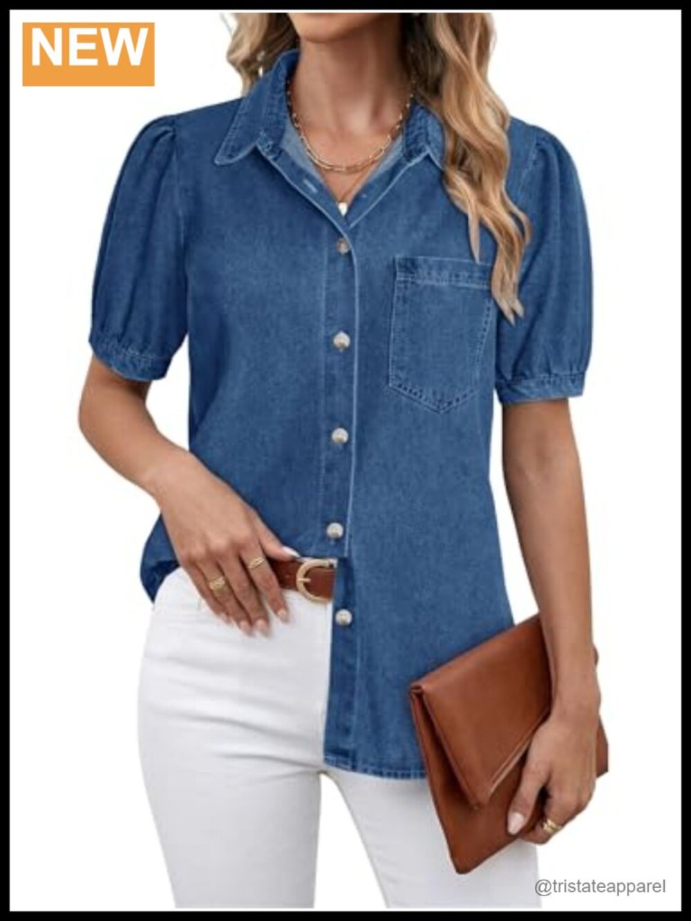 Women's Denim Button Down Shirt with Puff Sleeves Casual Summer Top